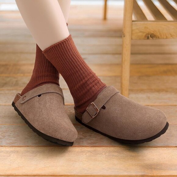 Women's Suede Clogs Casual Slip-On with Cork Footbed and Back Strap - Picture 2 of 6
